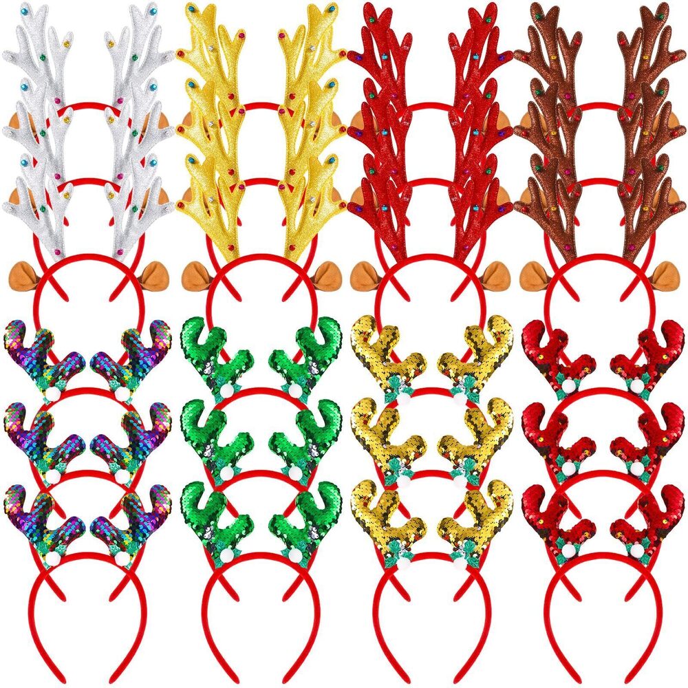 9686 24 Pcs Christmas Reindeer Headbands,Antler Costume Headwears Bulk